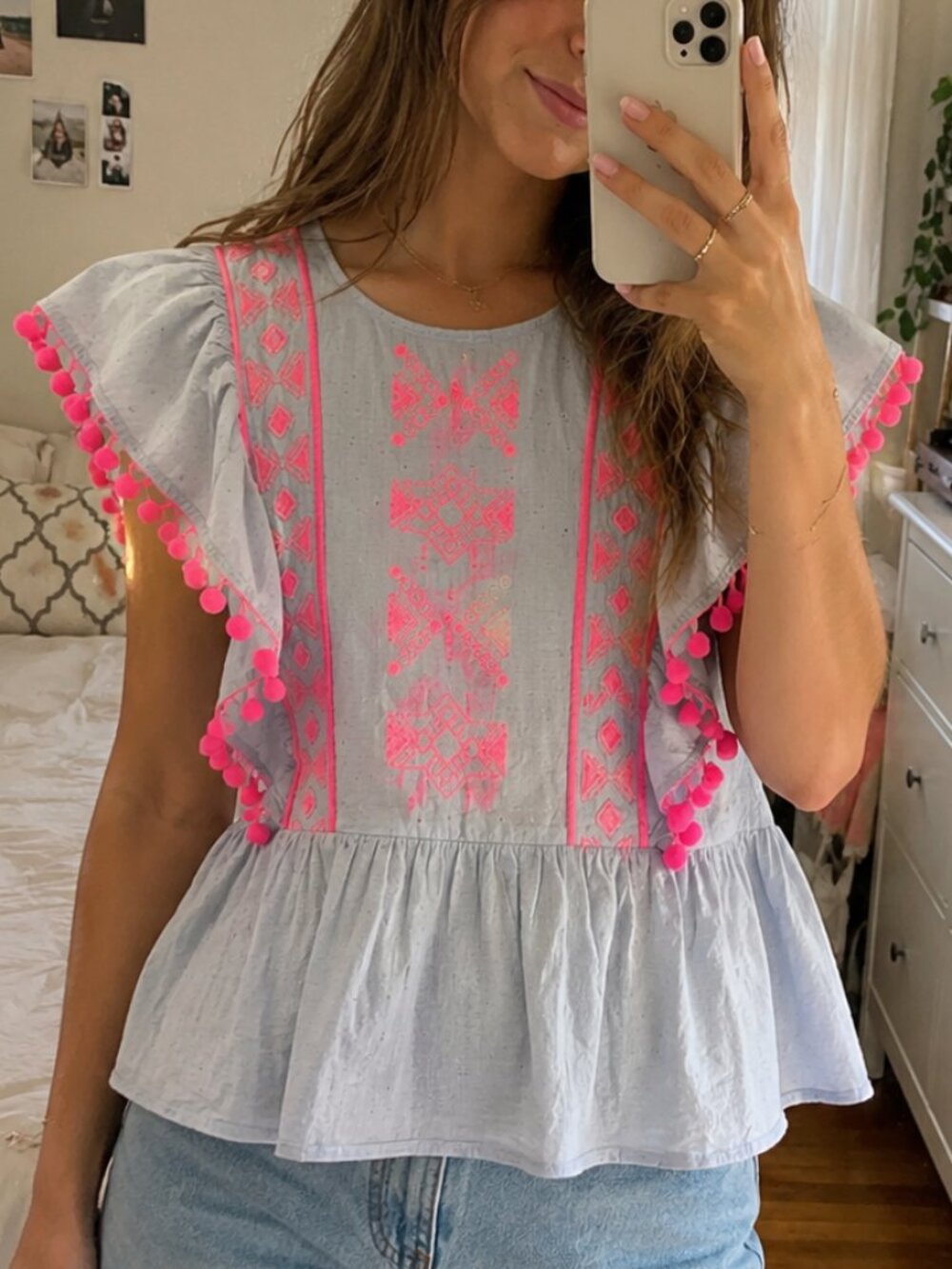 Lilly Pulitzer Tunic Top XS Gray Pink Embroidered Pom Pom‎ Flutter Sleeve Boho